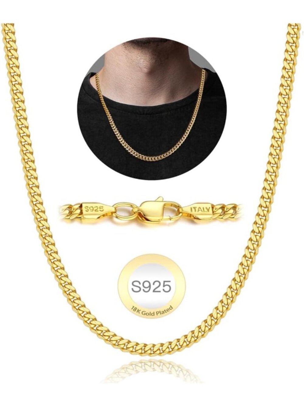 Men's 925 Sterling Silver & Gold Plated Cuban Link Chain Necklace, 16-26 Inch